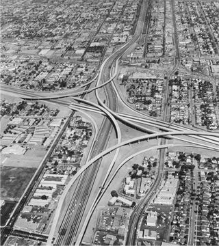 Santa Monica (10) and San Diego (405) Freeway interchange, looking northwest, Los Angeles