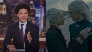 Trevor Noah on left during The Daily Show and Rhaenyra and Daemon on House of the Dragon.