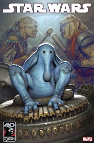 a blue elephant-like alien sits on top of a futuristic musical instrument