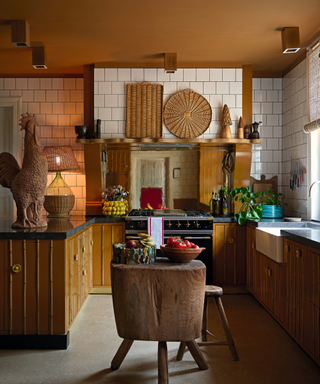 quirky kitchen with lots of rattan and rustic wooden island