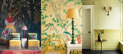 Three examples of yellow hallway ideas. Two yellow chairs in hallway. Yellow wallpaper. Yellow painted walls.