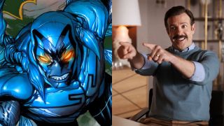 Blue Beetle comic artwork and Jason Sudeikis as Ted Lasso