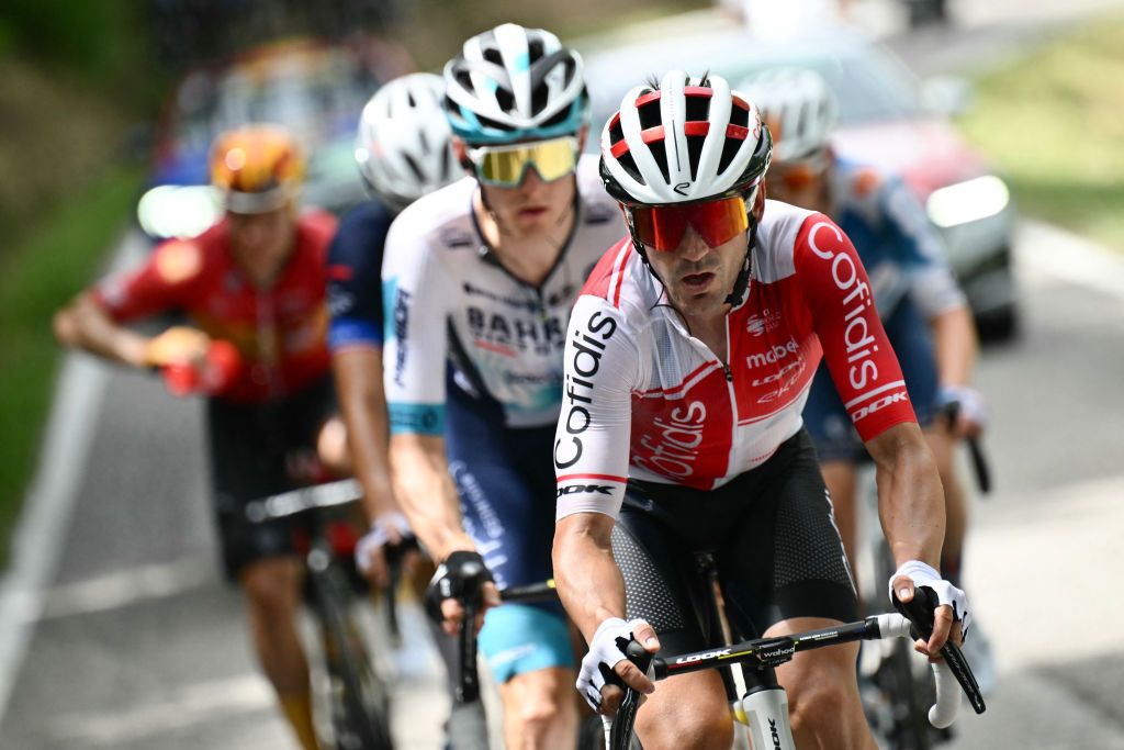 Cofidis team's Spanish rider Ion Izagirre leads the breakaway during the 1st stage of the 111th edition of the Tour de France cycling race, 206 km between Florence and Rimini, in Italy, on June 29, 2024. (Photo by Marco BERTORELLO / AFP)