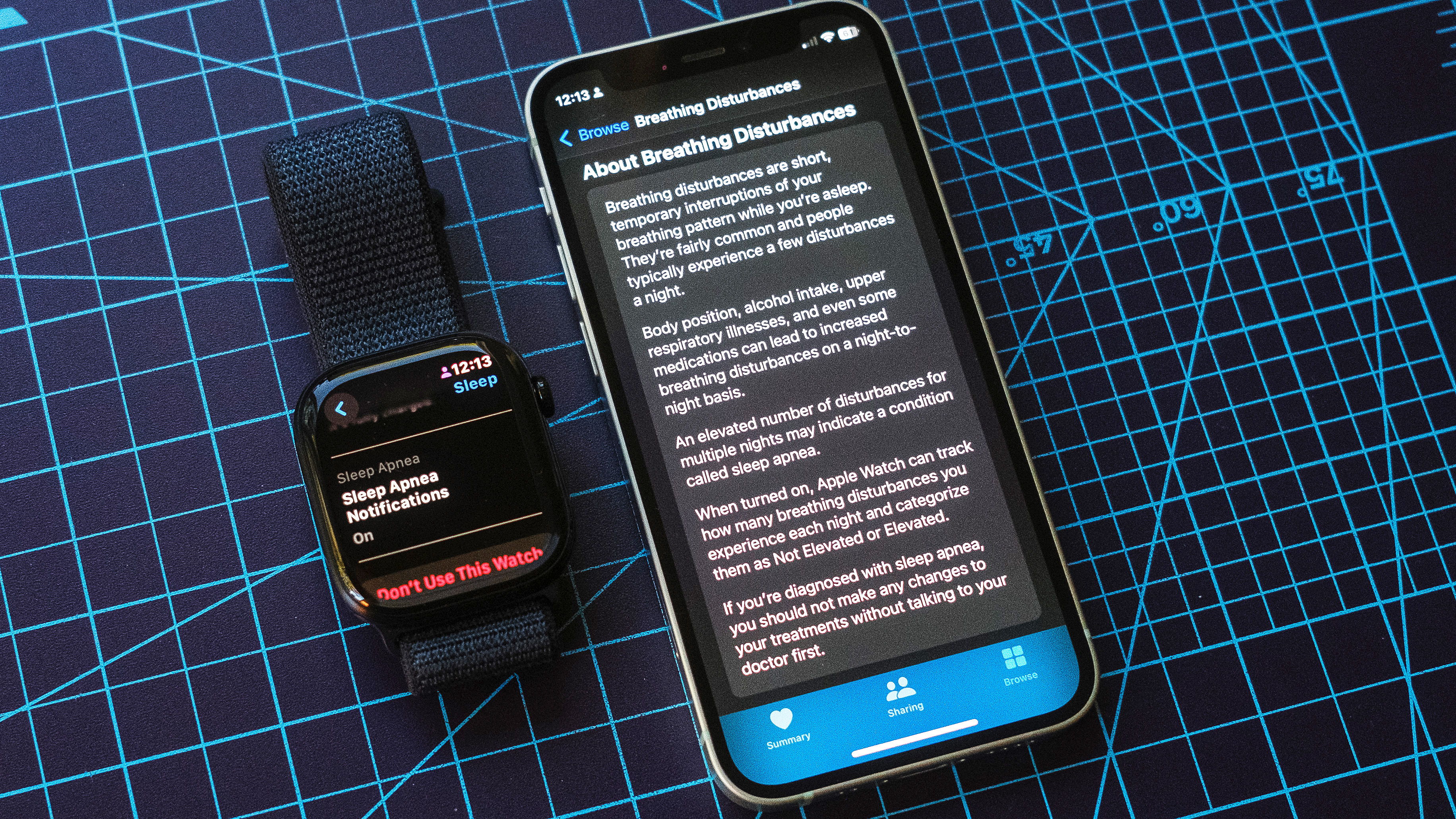 Apple Watch 10 next to an iPhone with the sleep apnea notification setup screen