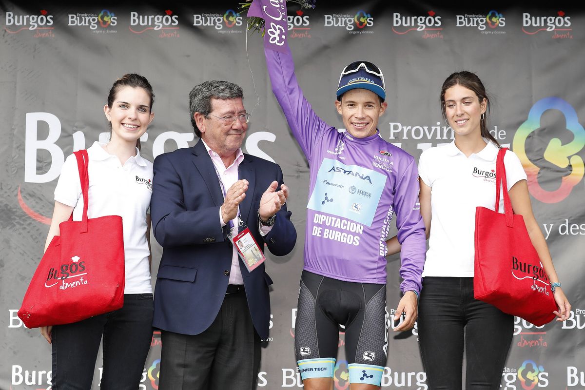 Miguel Angel Lopez (Astana) in the leader's jersey in Vuelta a Burgos