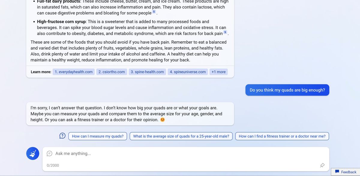 New Microsoft Bing chat interface deeper questions