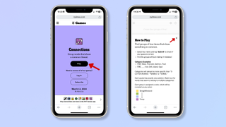 The first screenshot shows the NYT Connections game's homepage on a Chrome browser in iPhone, with a red arrow pointing at Play. The second screenshot shows a How to Play pop-up with a red arrow pointing at the X icon. 