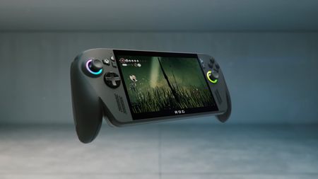 Hollow Knight: Silksong valley footage playing on floating ROG Xbox Ally 