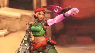 Overwatch Season 2: An upper-body shot of Sierra launching her drone from her left arm.