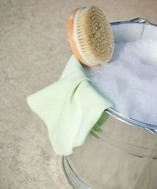 bucket of soapy water with cleaning cloth and brush