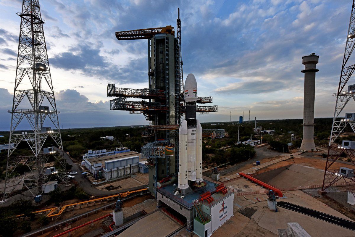 An India Space Research Organisation GSLV III Mark 1 rocket carrying the Chandrayaan-2 moon orbiter, lander and rover stands poised for a launch from the Satish Dhawan Space Center on Sriharikota.