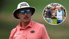 Joel Dahmen and an inset of him and former caddie Geno Bonnalie shaking hands