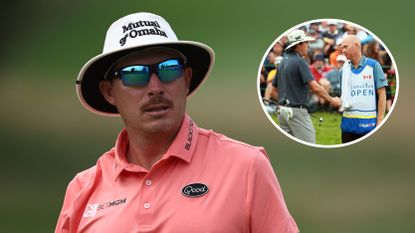 Joel Dahmen and an inset of him and former caddie Geno Bonnalie shaking hands