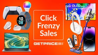 A range of tech products are arranged on a red background. Text in the middle reads 'Click Frenzy sales'.