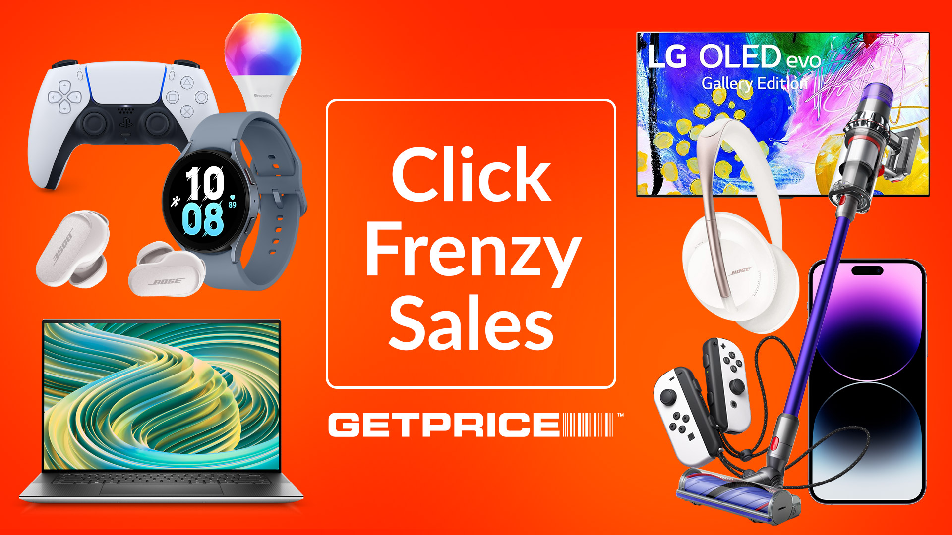 A range of tech products are arranged on a red background. Text in the middle reads &#039;Click Frenzy sales&#039;.