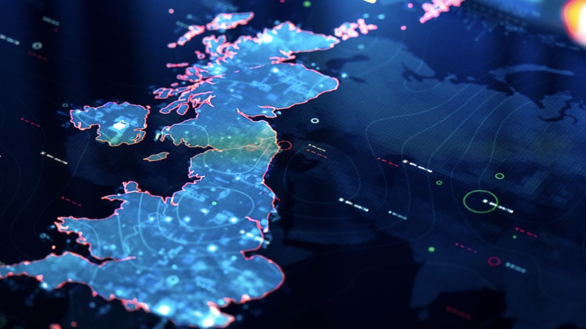 The UK map lit up in a blue light that&amp;#039;s digitised