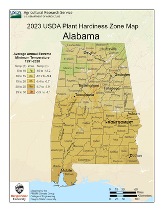 2023 USDA Plant Hardiness Zone Map for Alabama
