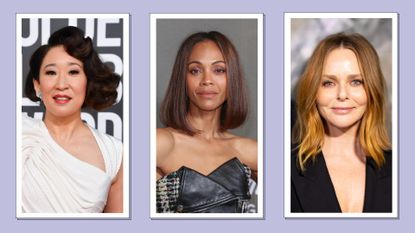 Sandra Oh, Zoe Saldana and Stella McCartney pictured with winter bob trends/ in a purple template 
