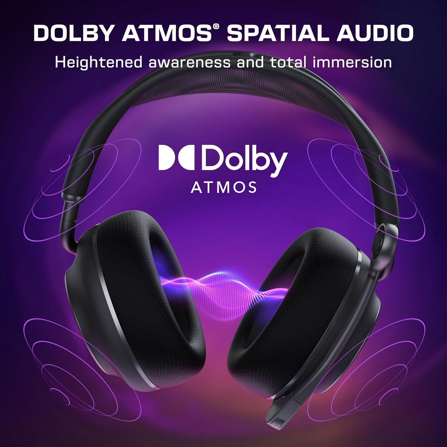 Headphones emitting sound waves symbolize Dolby Atmos Spatial Audio. Text highlights "heightened awareness" and "total immersion" on a purple background.