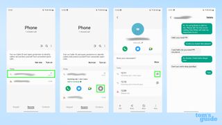 Four screenshots showing how to access a Bixby Text Call transcript