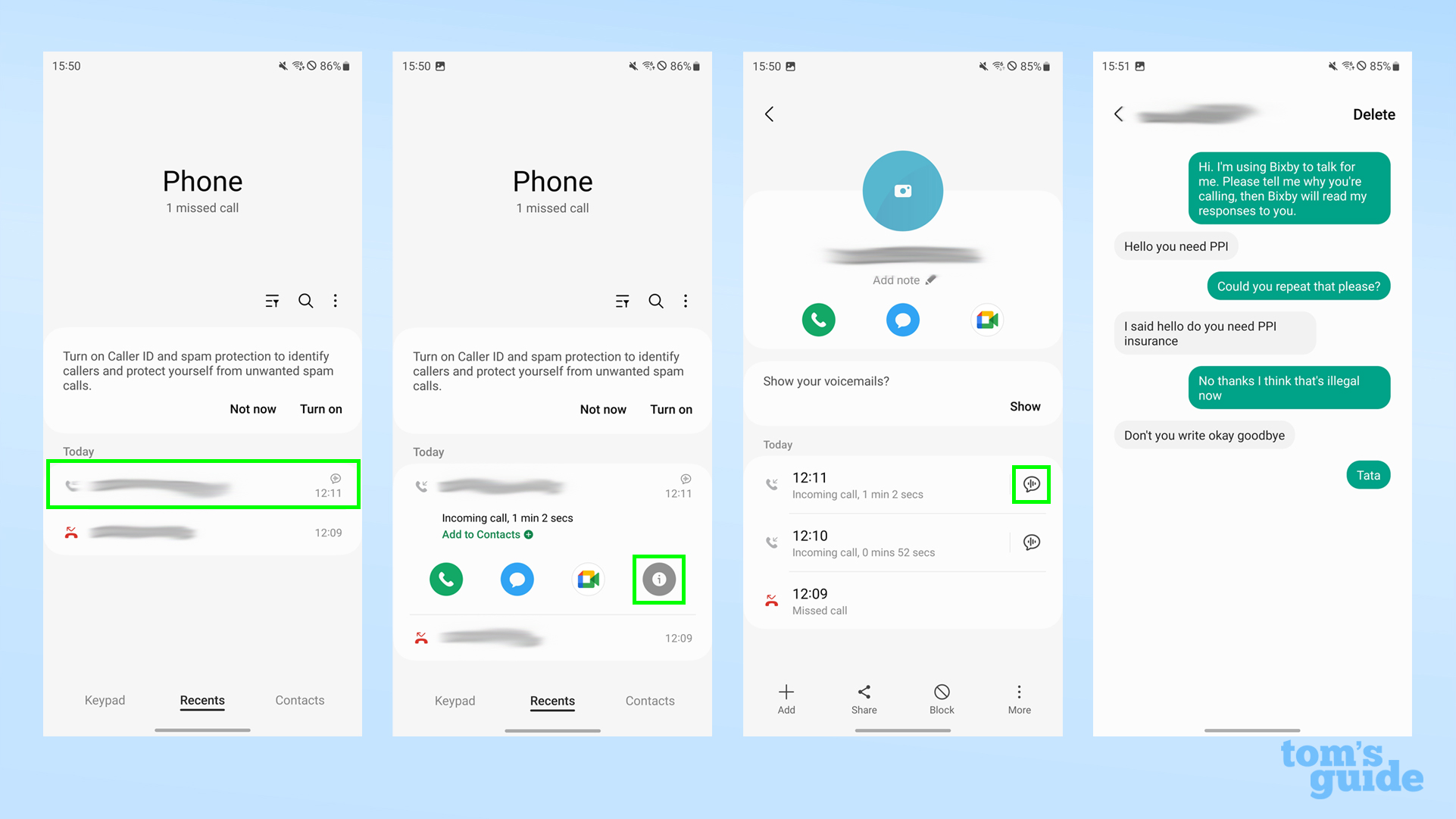Cuatro capturas de pantalla que muestran cómo acceder a una transcripción de Bixby Text Call
