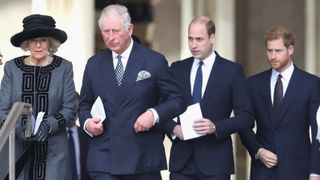 Camilla, Duchess of Cornwall, Prince Charles, Prince of Wales, Prince William, Duke of Cambridge and Prince Harry leave the Grenfell Tower National Memorial Service held at St Paul's Cathedral on December 14, 2017 in London, England.