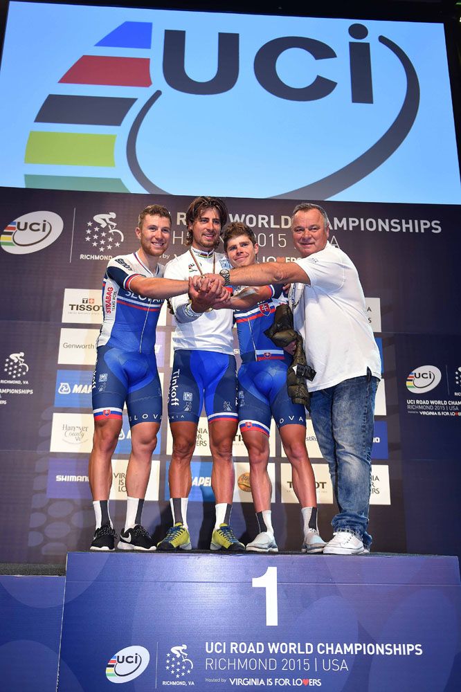 Slovakian team celebrate Peter Sagan's win on the podium