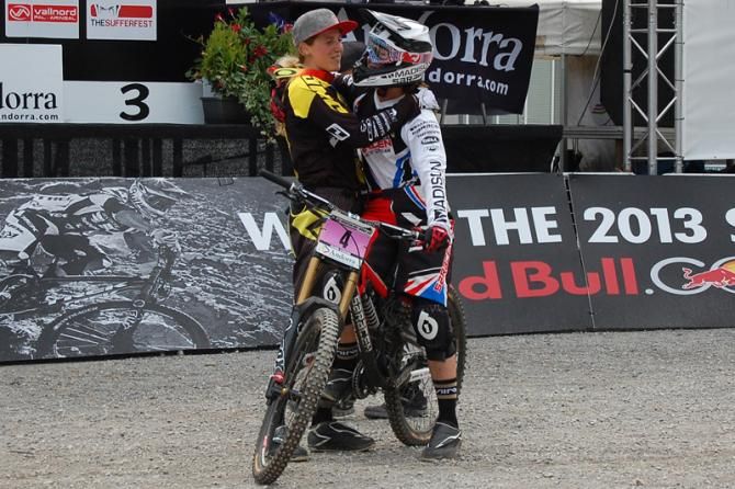 Rachel Atherton and Manon Carpenter congratulate each other in Andorra