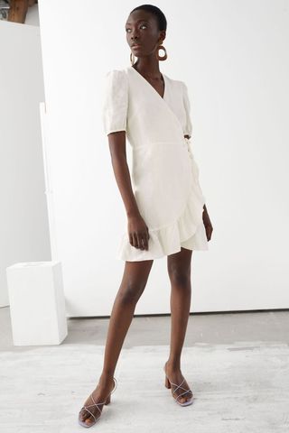 Puff-Sleeve Linen Wrap Mini Dress