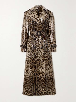 Trench Coat de lona revestida com estampa de leopardo trespassado