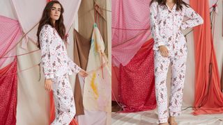 composite of model wearing Bed Head PJs house of cards pajama set with queen of hearts motif print