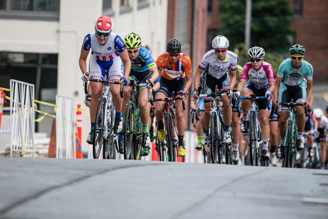 Lauren Tamayo (UnitedHealthcare) leads the bunch up todays climb.