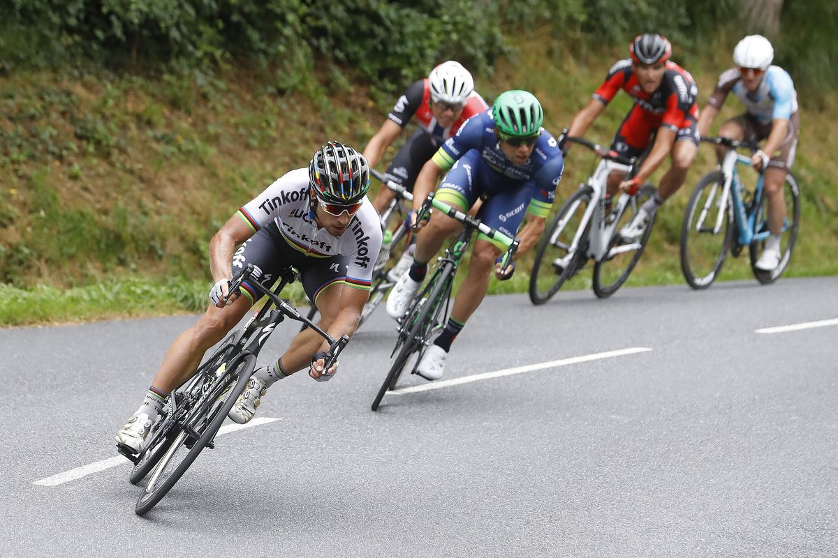 Peter Sagan (Tinkoff) helps drive the breakaway
