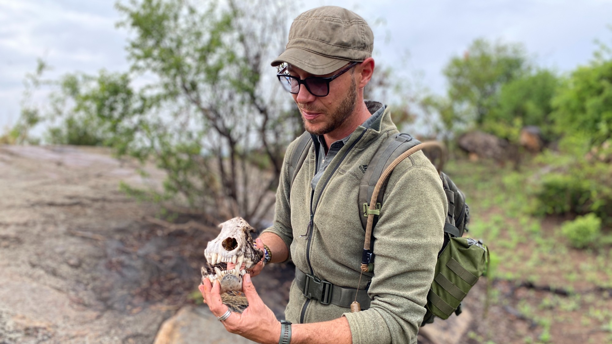 Close-up of Andrea Pompele, walking safari guide, holding skull of hyena