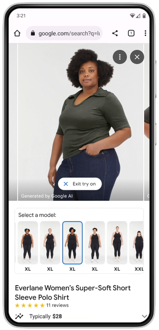 A woman models a top as a result of Google's try-on shopping feature.