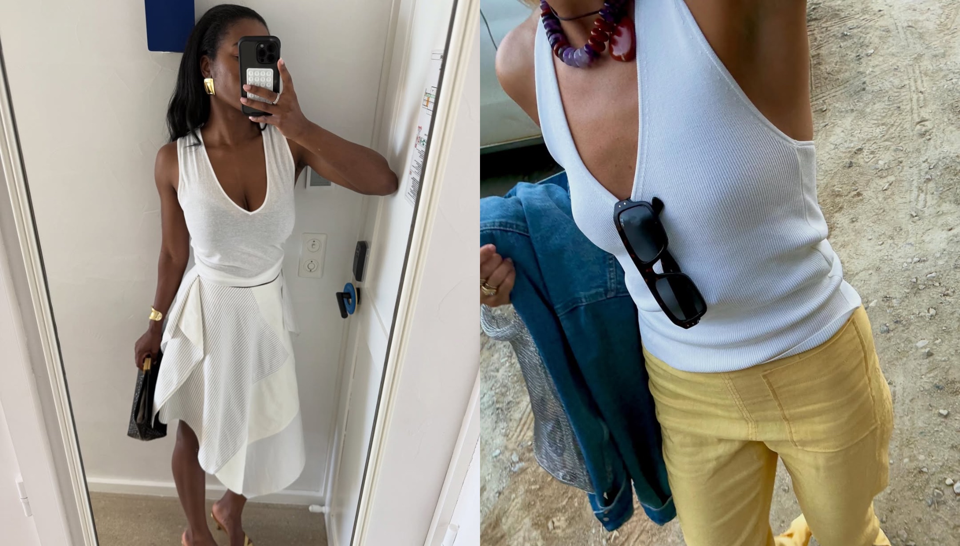 Marilyn and Lucy Williams in white v-neck tanks