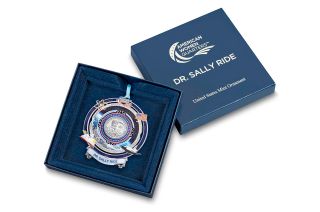The ornament comes in packaging with "Dr. Sally Ride, 2022," and the American Women Quarters logo on the box.