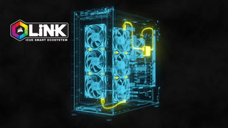 A wireframe x-ray image showing a PC case with Corsair iCUE Link components connected via highlighted cables.