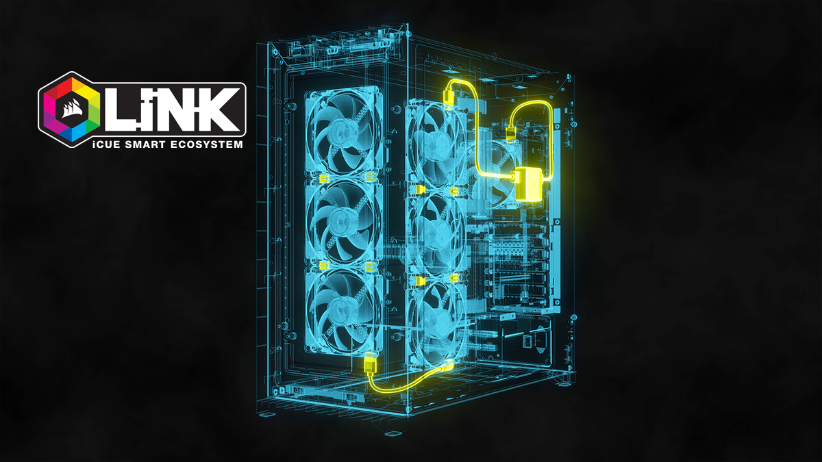Wireframe x-ray image of a computer case with Corsair iCUE Link components connected by highlighted cables.