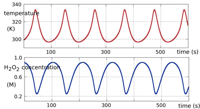 This is what the hydrogen peroxide thermochemical oscillations look like. The upper plot shows the temperature response, in the lower plot we can see that the hydrogen peroxide concentration oscillates out of phase with the temperature.