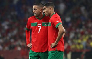 Hakim Ziyech and Achraf Hakimi during the friendly match between Morocco and Chile, played at the RCDE Stadium on 23th September 2022, in Barcelona, Spain.