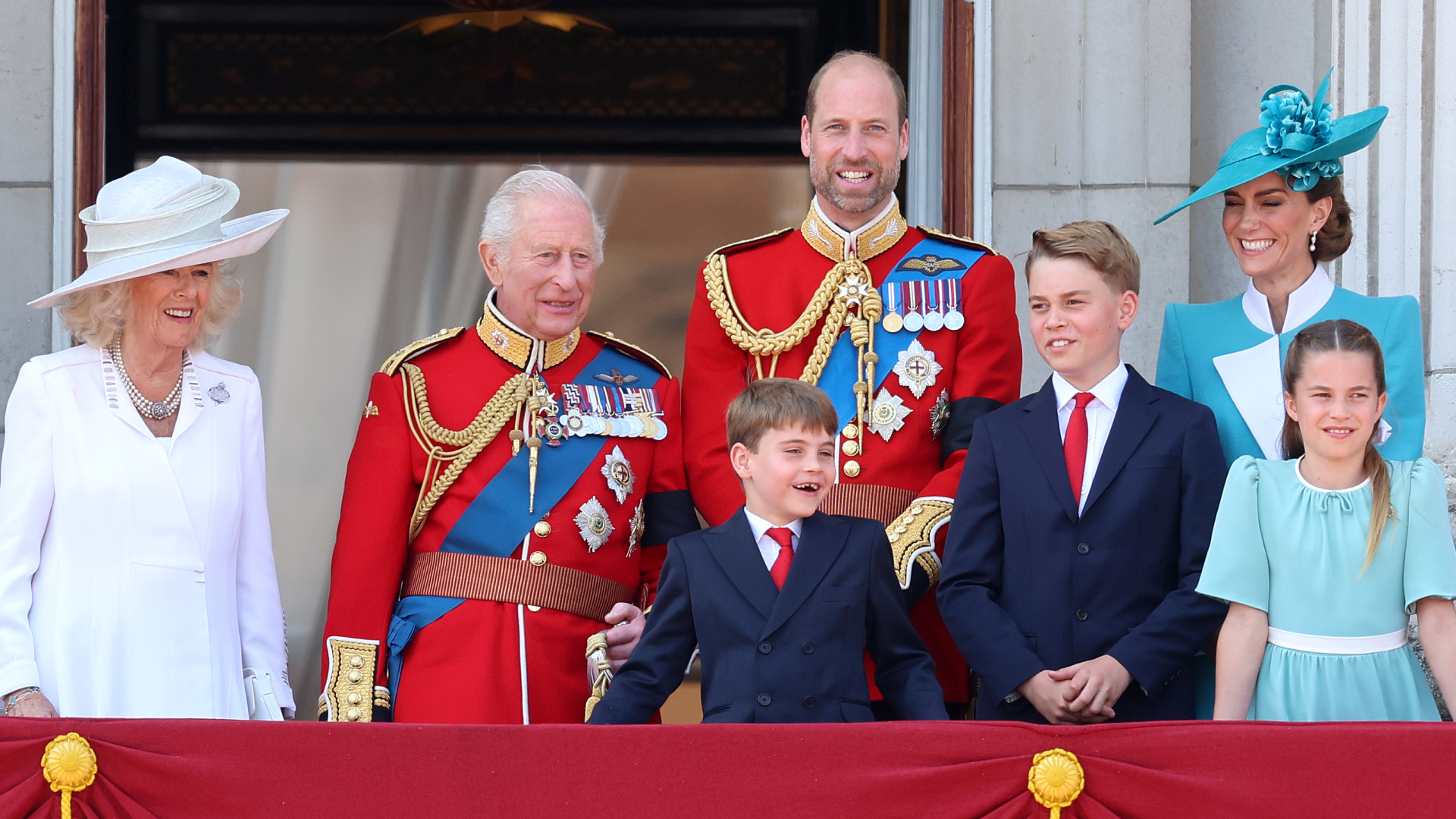 Queen Camilla, King Charles, Prince William, Prince Louis, Prince George, Princess Charlotte and Princess Kate on the balcony for Trooping the Colour 2025