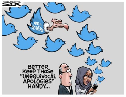 Political Cartoon U.S. Ilhan Omar anti-semitic tweet Israel apology