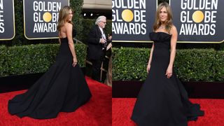 jennifer aniston in a black gown at the 2020 golden globe awards