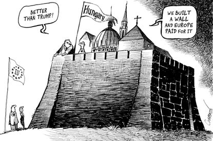 Political cartoon U.S. Hungary wall Trump border wall xenophobia