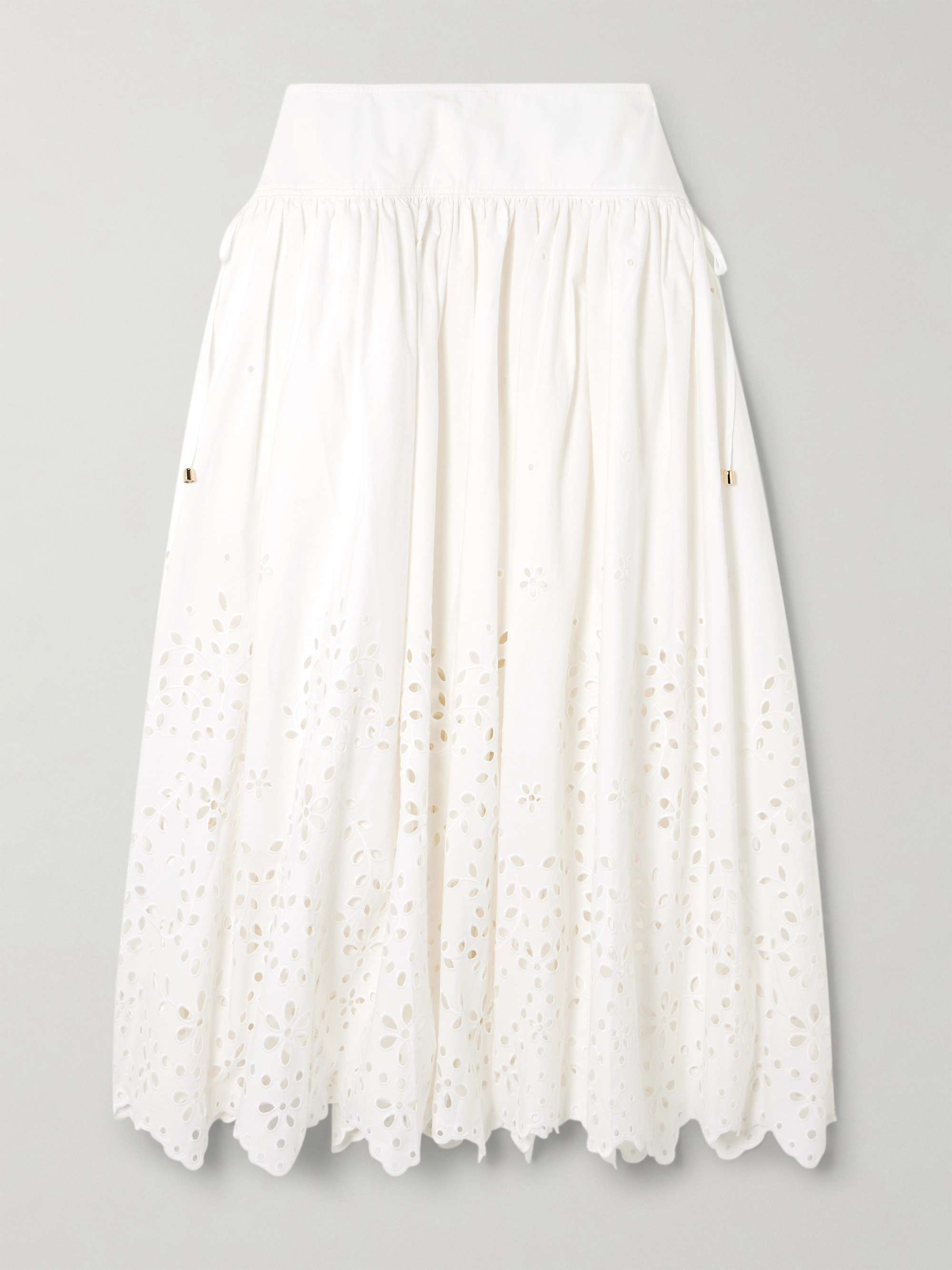 Embellished Tie-Detailed Broderie Anglaise Cotton Midi Skirt