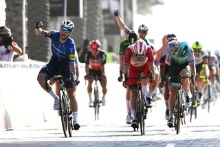 PALM JUMEIRAH DUBAI UNITED ARAB EMIRATES FEBRUARY 26 Arrival Sam Bennett of Ireland and Team Deceuninck QuickStep Celebration Elia Viviani of Italy and Team Cofidis Pascal Ackermann of Germany and Team BoraHansgrohe during the 3rd UAE Tour 2021 Stage 6 a 165km stage from Deira Islands to Palm Jumeirah UAETour on February 26 2021 in Palm Jumeirah Dubai United Arab Emirates Photo by Tim de WaeleGetty Images