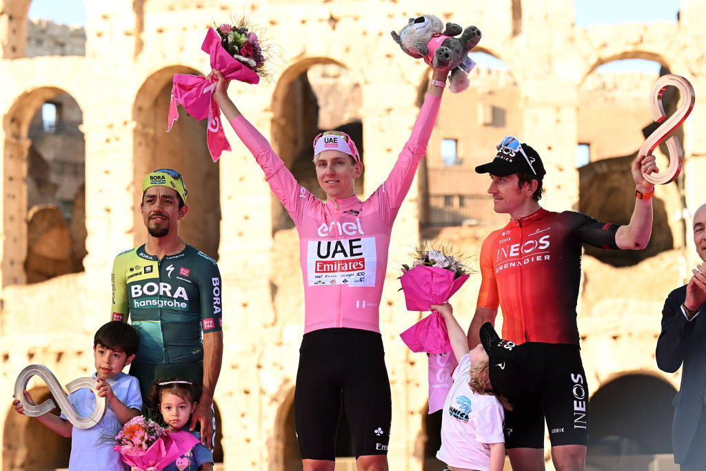 Tadej Pogačar heads up the final podium at the 2024 Giro d&#039;Italia