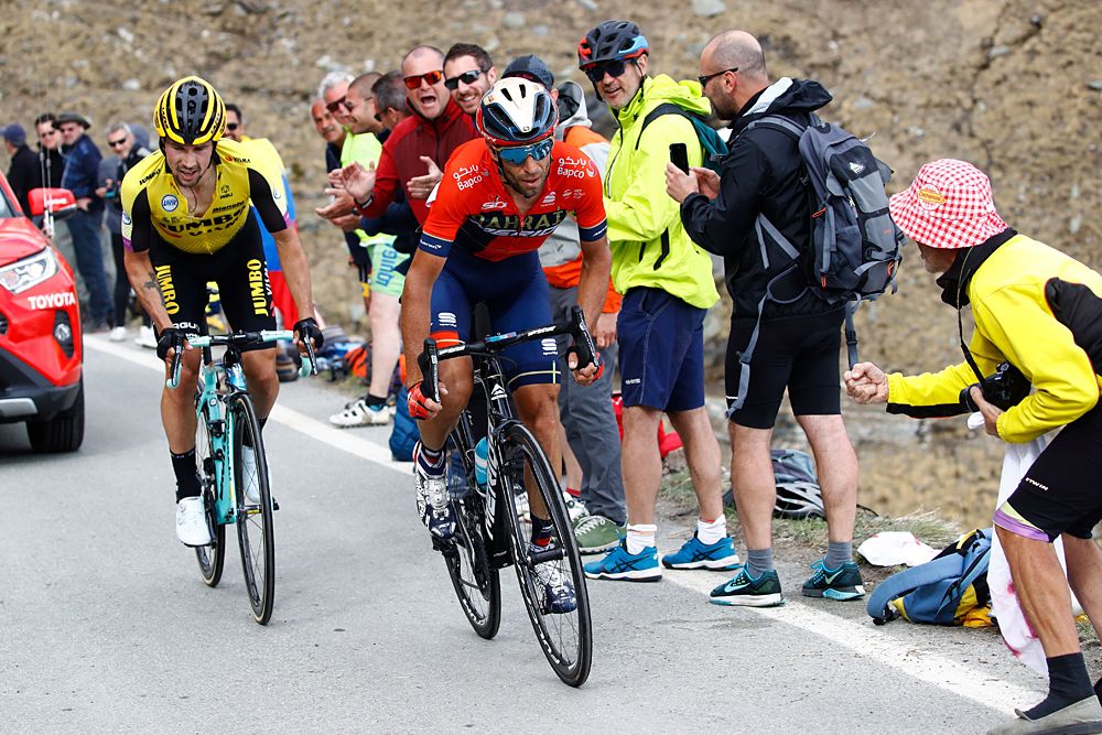 Team Bahrain rider Italy's Vincenzo Nibali (R) and Team Jumbo rider Slovenia's Primoz Roglic (L) ride during stage thirteen of the 102nd Giro d'Italia