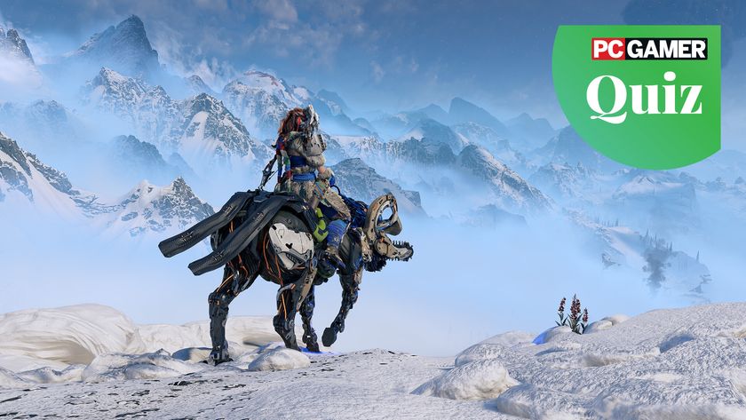 Aloy riding a robot mount through a snowy landscape in Horizon: Zero Dawn.